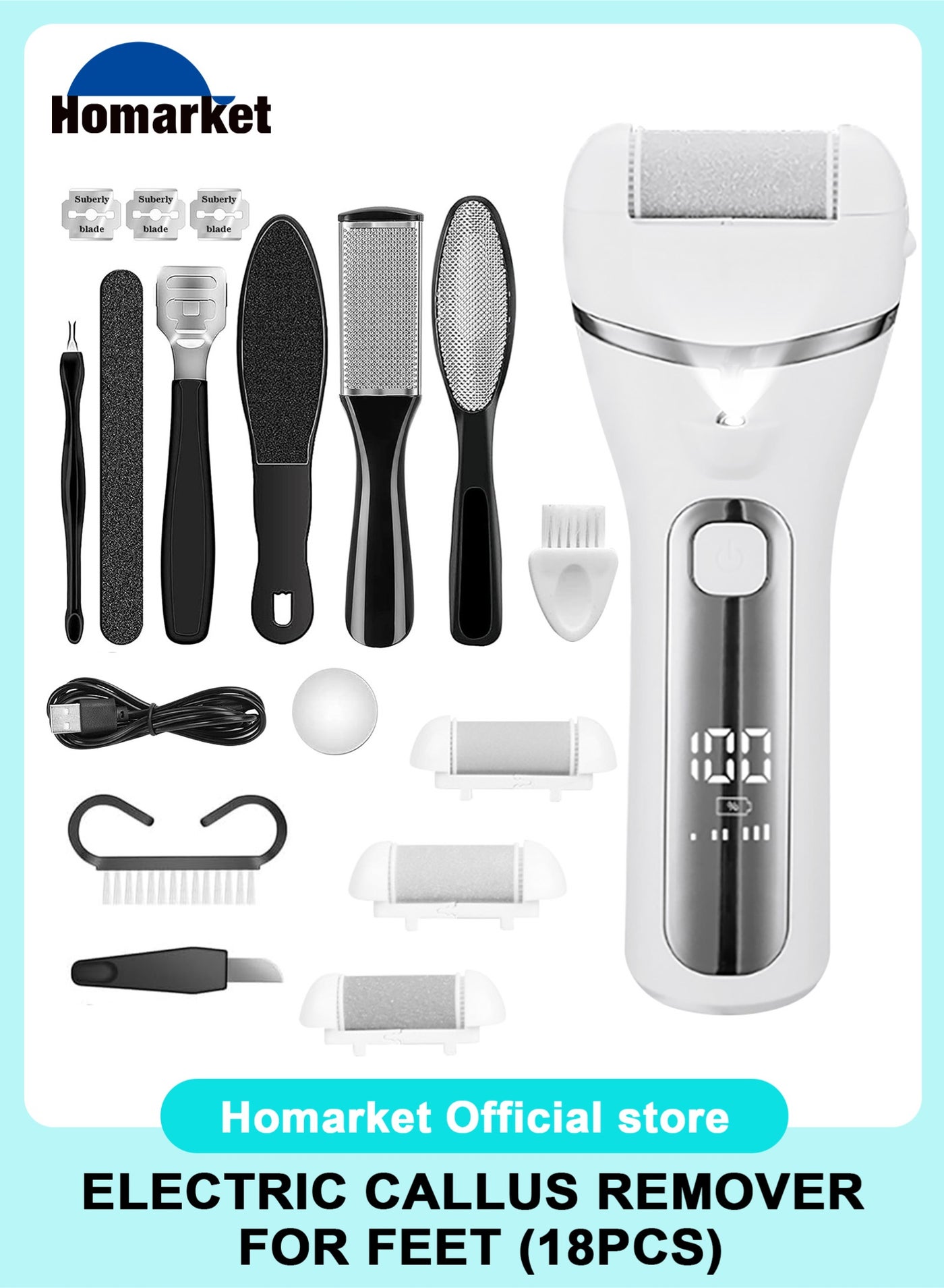 Electric Feet Callus Remover, Professional 18 in 1 Foot File Pedicure Kit Tools, Rechargeable Dry Dead Skin Foot Scraper with 3 Roller Heads & 2-Speed Power for Feet Hands Heels Spa (White)