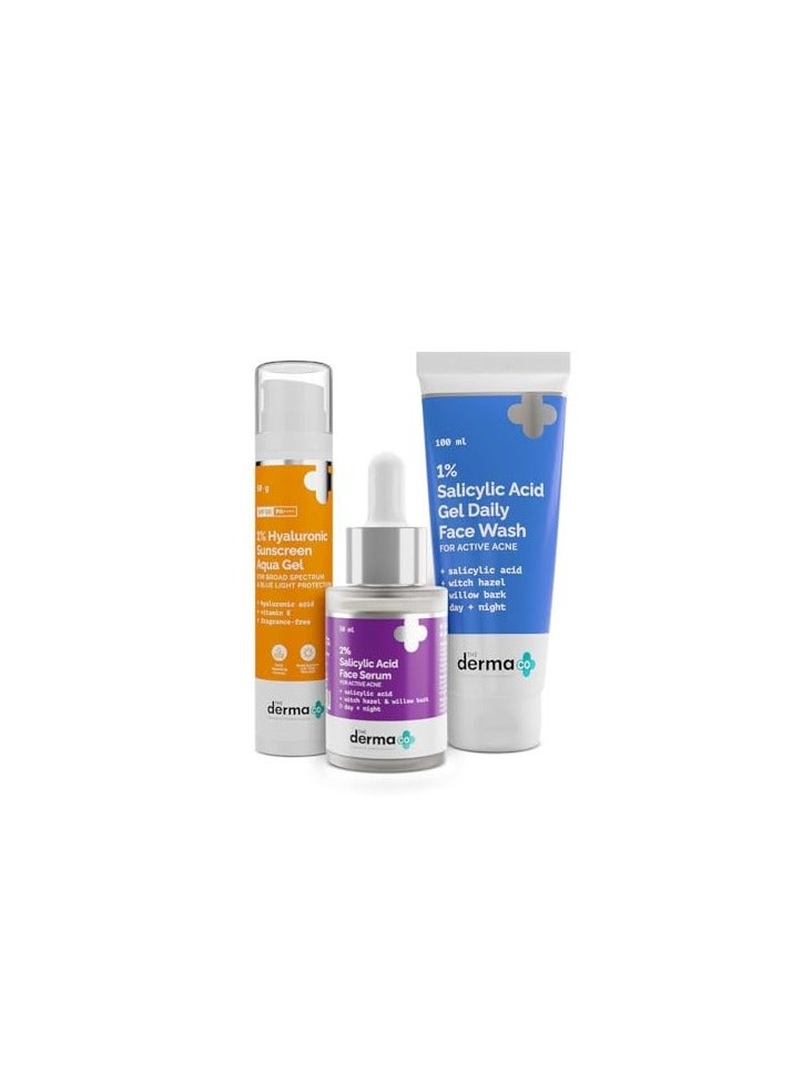 The Derma Co Anti Acne Kit | Skincare Routine Kit | 1% Salicylic Acid Gel Face Wash + 2% Salicylic Acid Serum + 1% Hyaluronic Sunscreen Aqua Gel |Spectrum Protection, Spf 50 Pa++++ For Men And Women