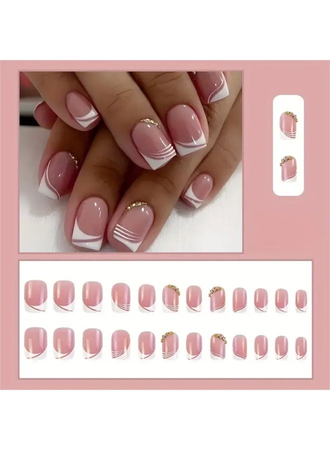 24-Piece Simple French Short Press-On Nails – Minimalist Rhinestone Design, Pure Desire Style Fake Nails