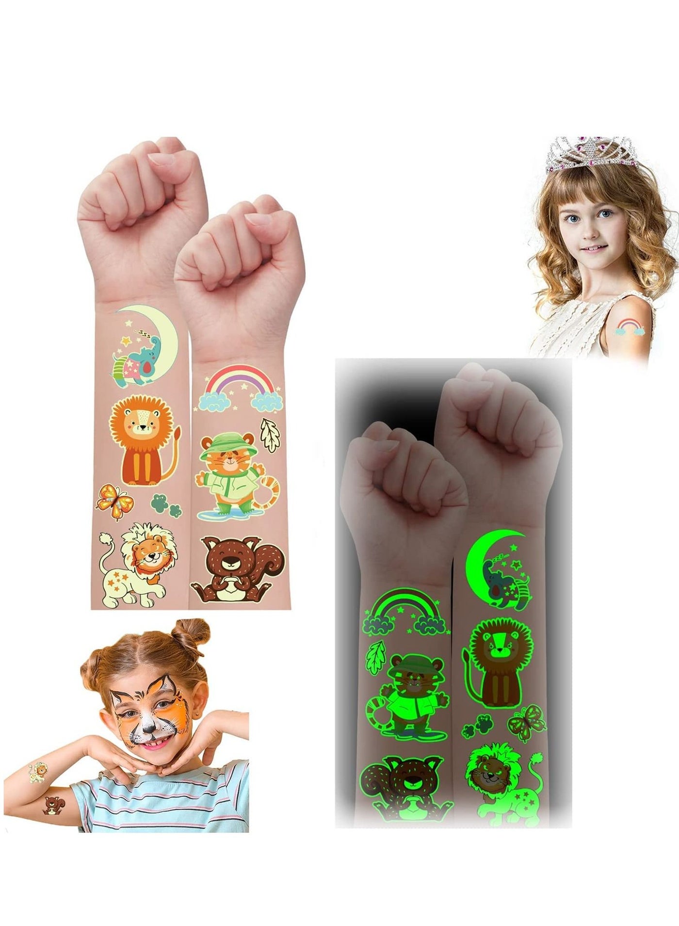 Temporary Tattoos for Kids, Glow Animals Tattoo Stickers for Birthday Gifts, Party Supplies Favors, Goodie Bag Stuffers Luminous Zoo, Mixed Styles (12 Sheets)