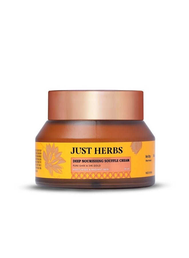 Just Herbs 24K Gold & Pure Ghee Soufflé Day Cream | Deep Nourishing & Anti-Aging | For Glowing Skin, Improved Elasticity | Non-Sticky | 50ml
