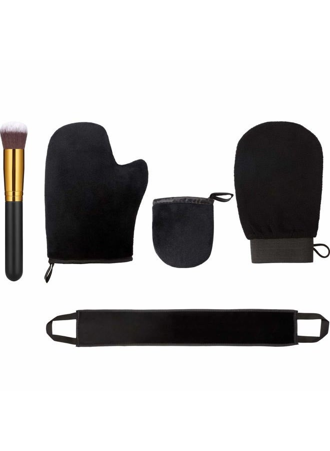 5 Pieces Self Tanning Mitt Applicator Kit, Includes Tanning Mitt, Exfoliating Glove, Mini Face Glove, Back Lotion Applicator, and Large Brush Makeup