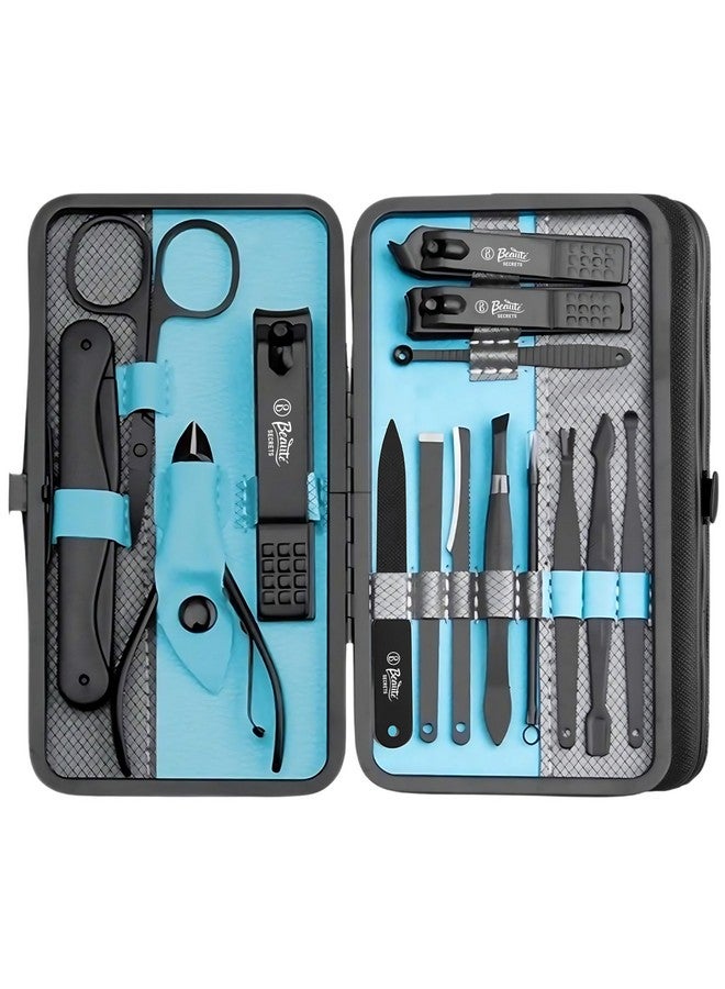 Beauté Secrets Professional Manicure Set 15 pcs,Stainless Steel Nail Clippers Scissors Cuticle Nipper Pedicure Tools Kit - Portable Travel Grooming Kit for Men and Women with Luxurious Case Blue (Blue)
