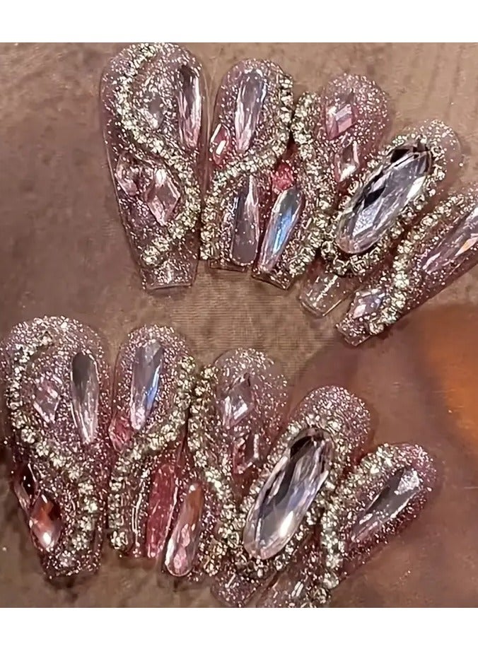 10pcs Luxe Handmade Press-On Nails Set - Sparkling Pink Rhinestones & Geometric 3D Design, Long Coffin Shape with Glitter Accents for Women & Girls, Ideal Gift, Nail Art Charms -LARGE
