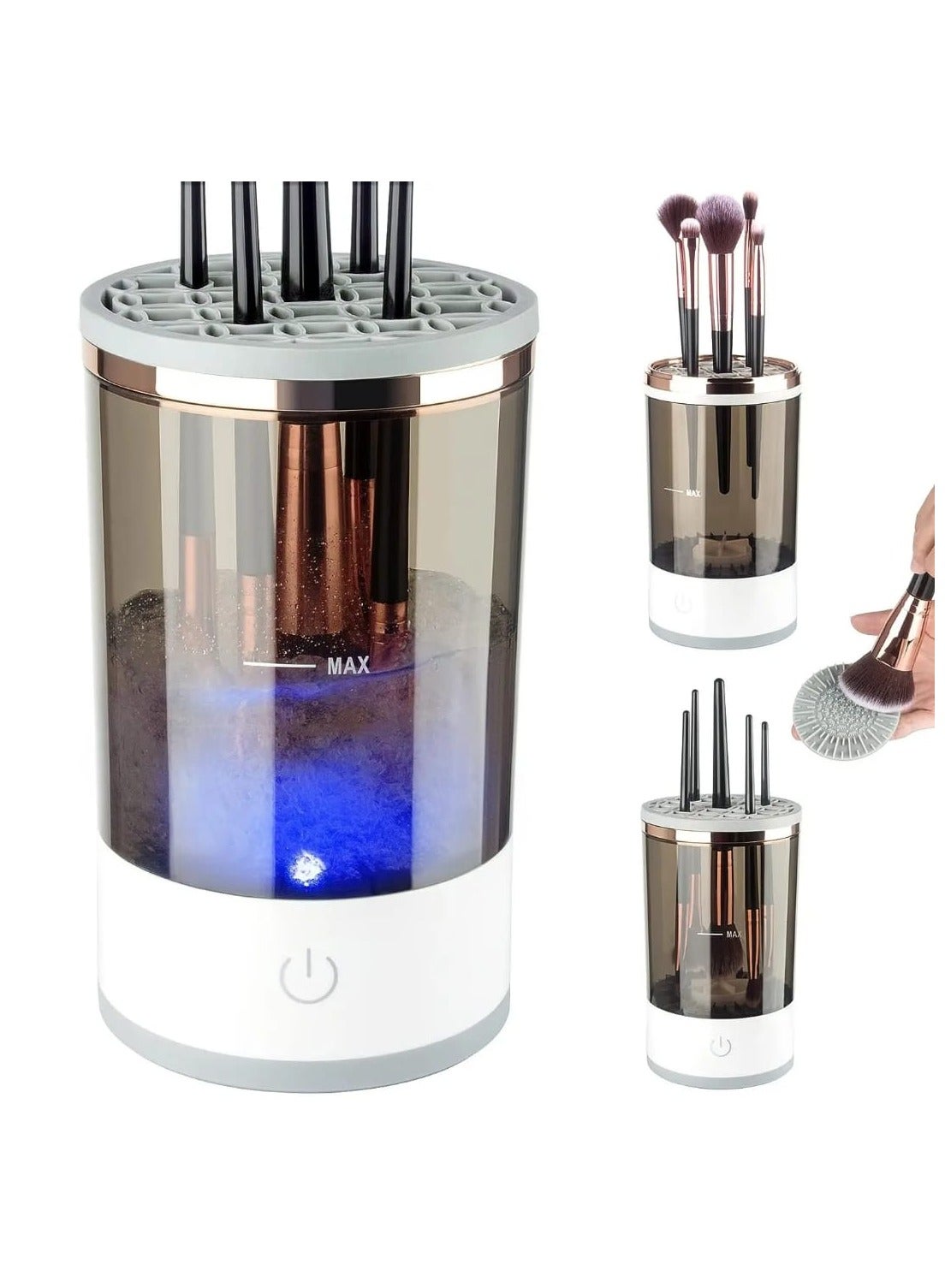 USB-Powered Makeup Brush Cleaner and Dryer, Electric Automatic Cosmetic Brush Washer With Integrated Drying Rack, Alcohol-Free,Sleek Transparent Design With Metallic Accents, Includes 4 soft Bristle Brushes, Automatic Brush Dryer