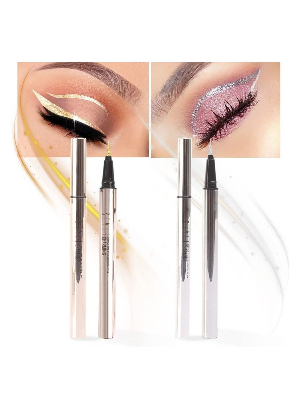 Liquid Eyeliner Makeup Pen Set 2Pcs Glitter Sparkling Shimmer Silver Waterproof Smudge Proof Long Lasting High Pigmented