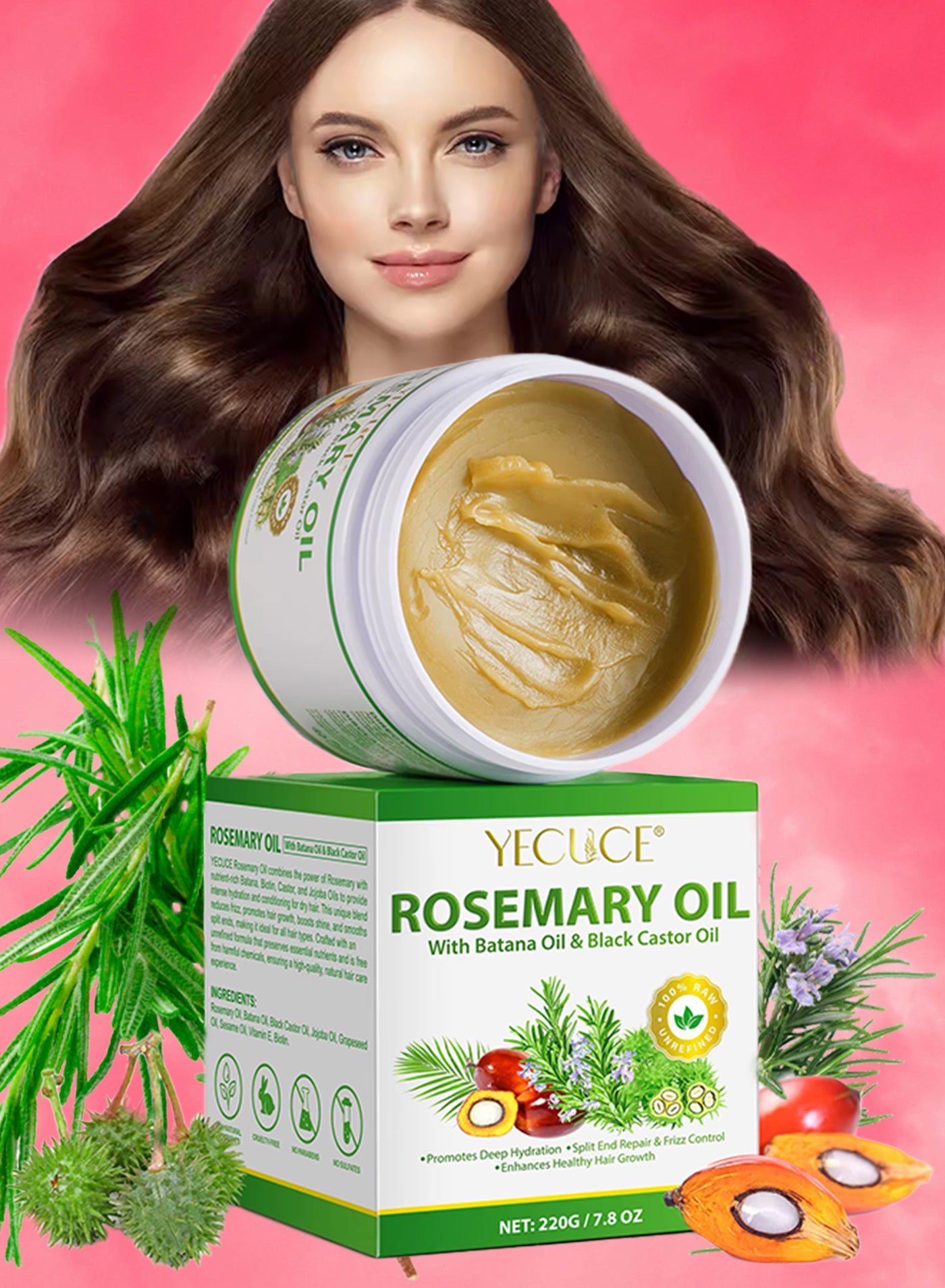 220g Rosemary Oil Batana Oil and Black Castor Oil Hair Butter Pure Rosemary Hair Growth Oils Butter for Dry Damaged Hair with Biotin and Grapeseed Oils Hair Scalp Treatment Cream