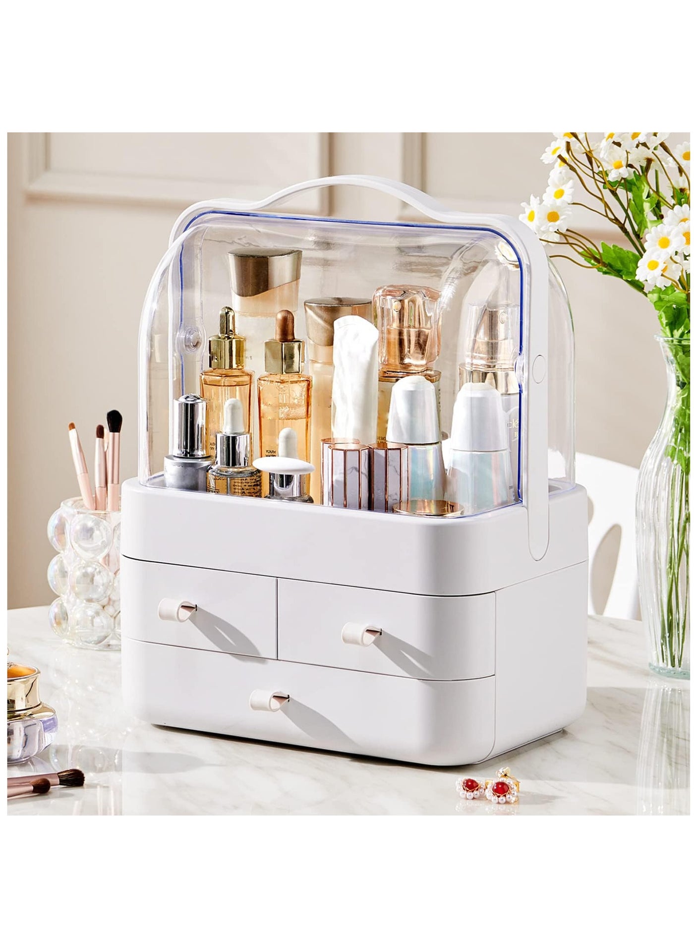 Makeup Organizer and Storage for Vanity with Lid and Drawers Countertop Waterproof and Dustproof Portable Make up Skincare Cosmetics Organizers