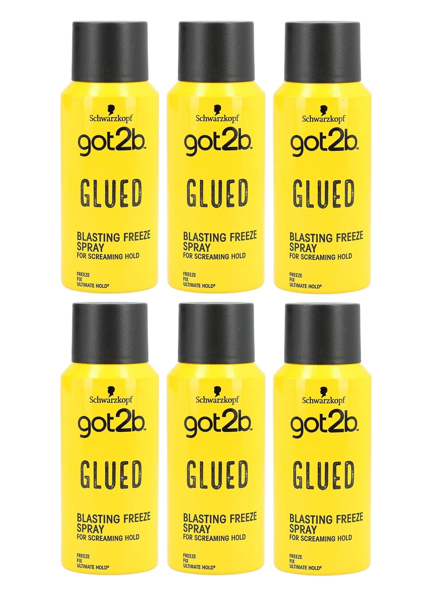 Schwarzkopf got2b Glued Blasting Freeze Spray, Strong Hold Hairspray for Up to 72 Hours, Vegan, Silicone Free, 100ml pack of 6