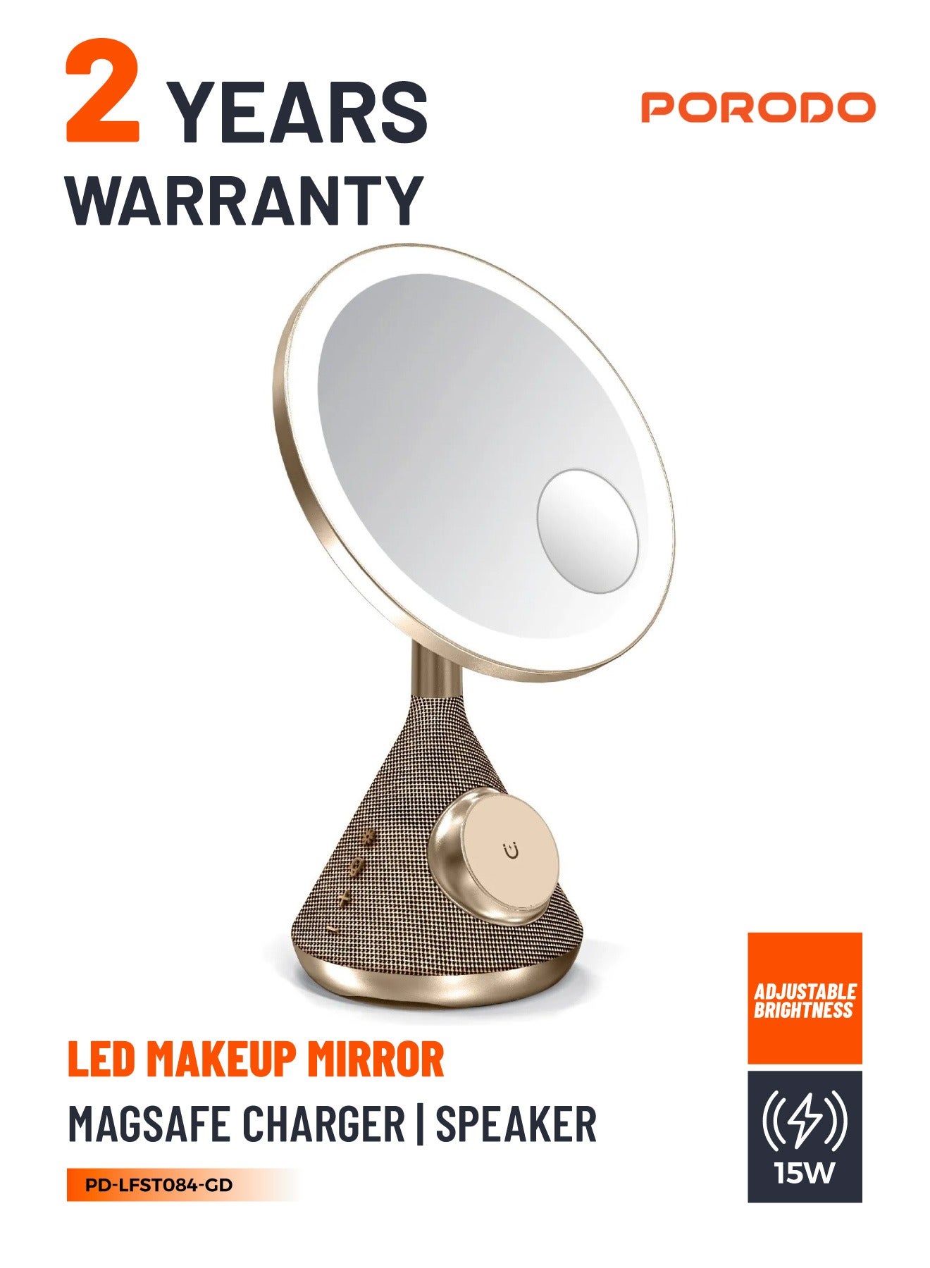 LED Makeup Mirror Speaker with Wireless Charging / Charger Type-C In/Out / 30M Bluetooth Distance / 3 Color Temperatures / Magsafe Charger / Adjustable LED Light - Gold