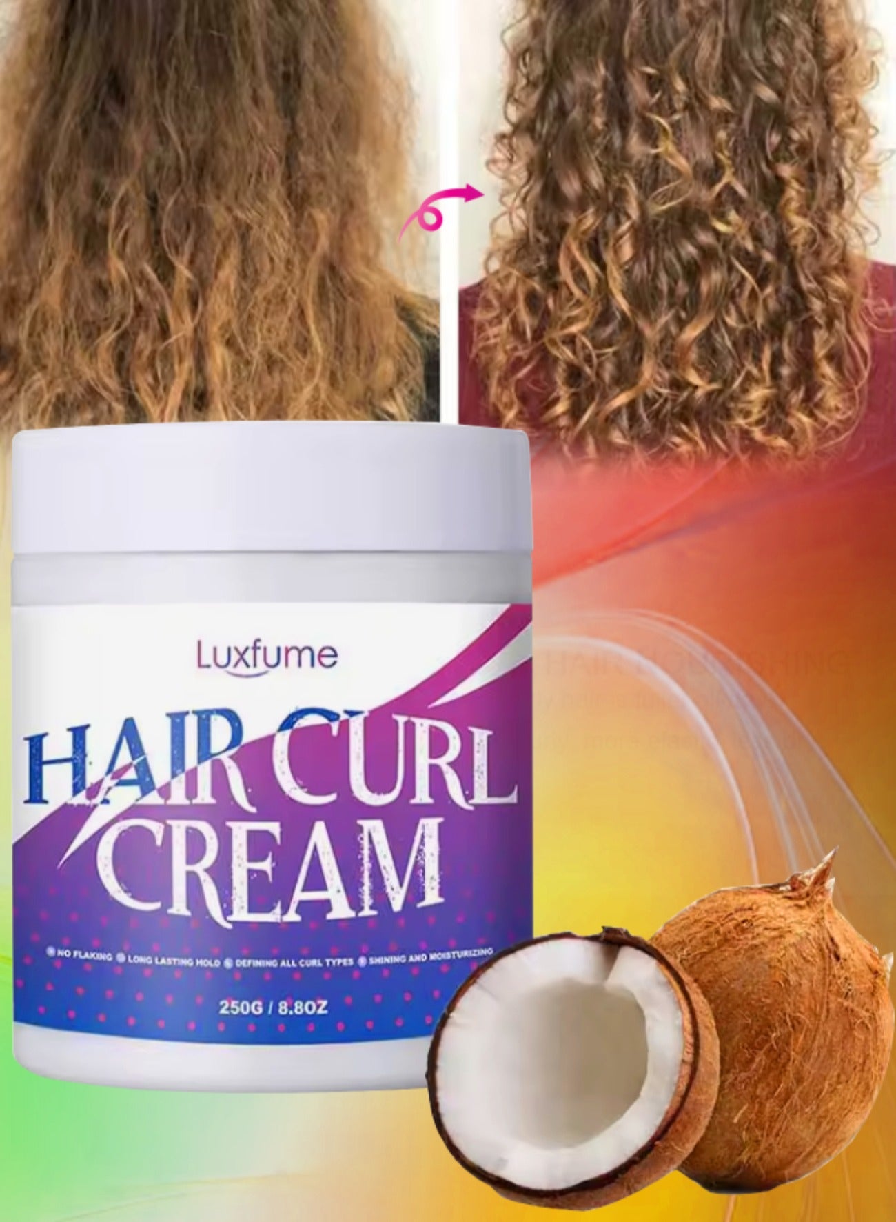 250g Hair Curl Cream Long Lasting Hold No Flaking Shining Nourishing and Moisturizing Curl Defining Cream for Curls Coils and Waves All Hair Types with Coconut Oil Hair Curling Cream
