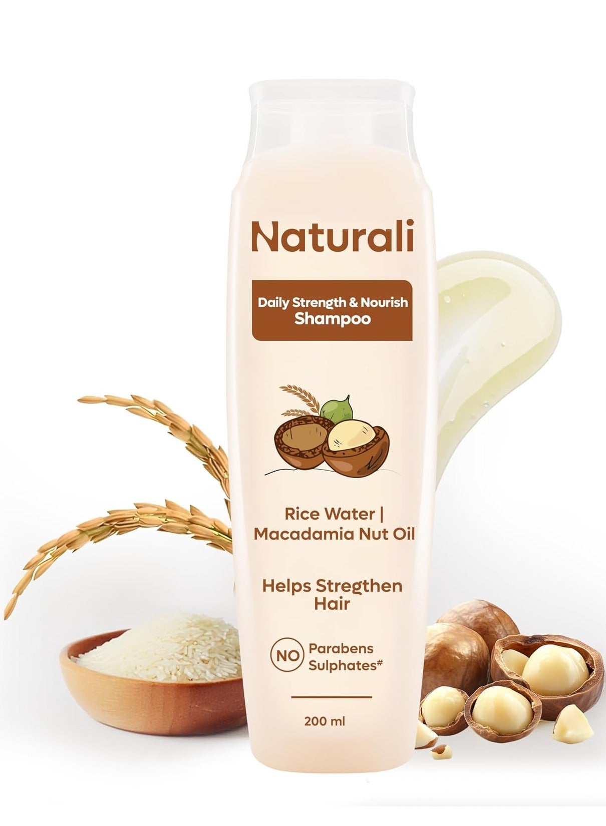 Daily Strength & Nourish Shampoo with Rice Water & Macadamia Nut Oil | Makes Hair Stronger | Paraben and Sulphate Free | Dry Frizzy Hair Shampoo | 200 ml
