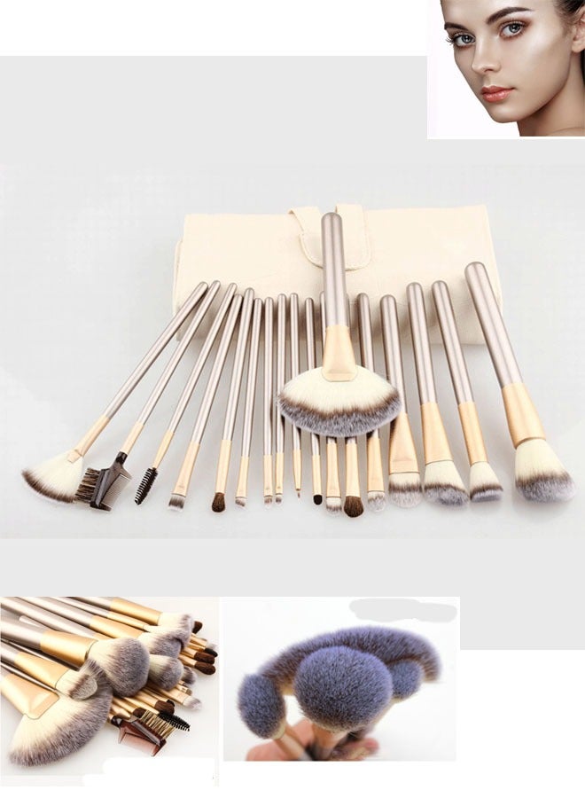 18 Piece Makeup Brushes Set, Horse Hair Professional Kabuki Makeup Brush Set Cosmetics Foundation Makeup Brushes Set Kits with White Cream-colored Case Bag
