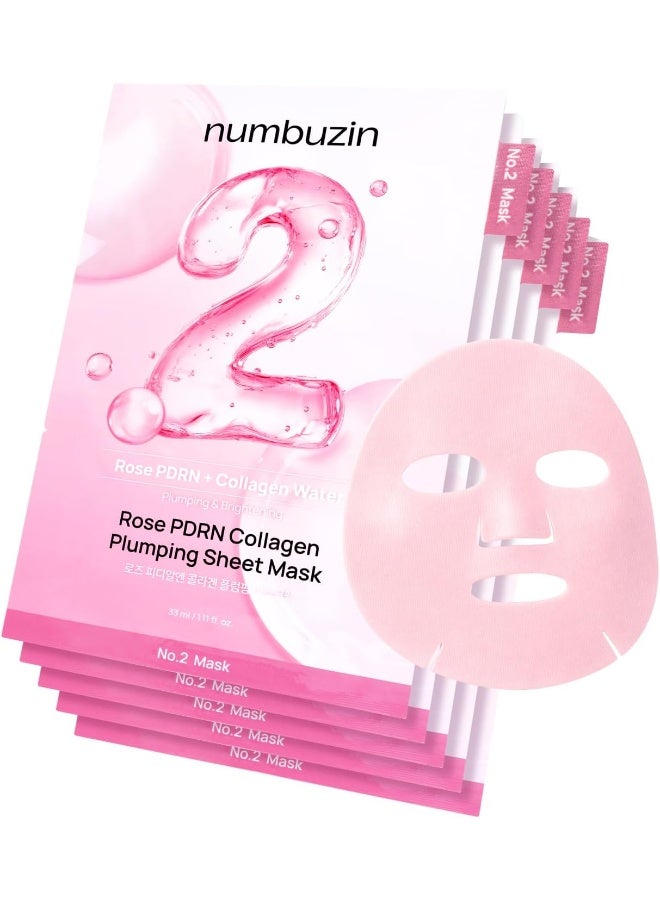 No.2 Sheet Mask | Rose PDRN Collagen Plumping Sheet Mask | Korean Mask for face | Brightening, Hydrating, Firming and Moisturizing | Collagen, Peptides, PDRN | 5ea