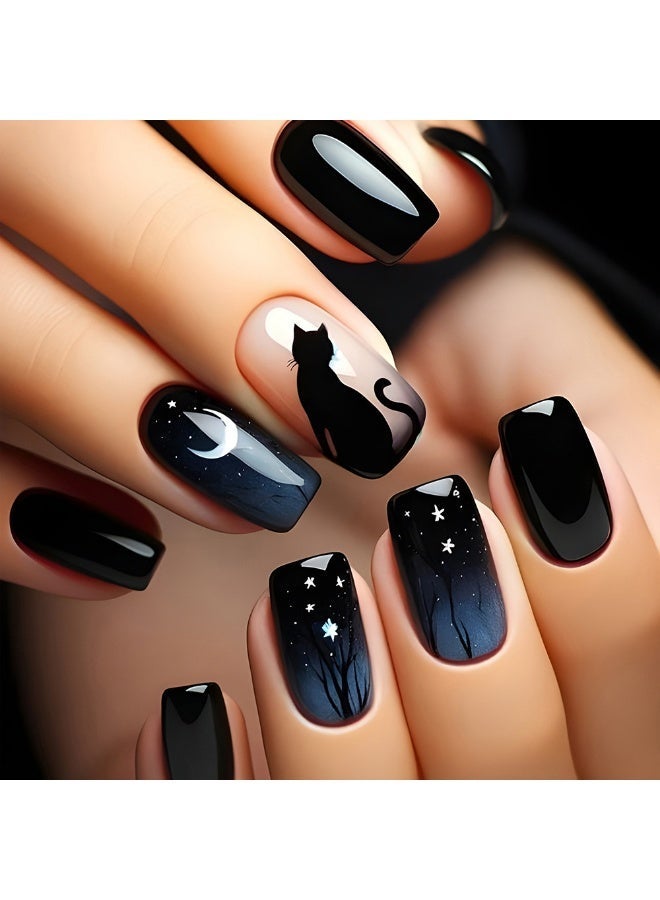 Black Cat Moon Night Sky Press On Nails | Reusable ABS Fake Nails | Glossy Mirror Finish | 24PCS Nail Tips | Short Square Shape | Easy Apply & Remove | Scratch Resistant | Waterproof & Durable | Home Manicure Kit for Party & Gift | Elegant Natural Look