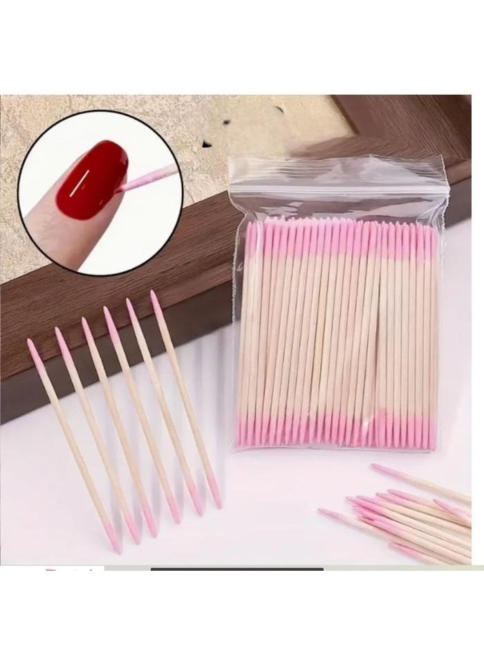 400 PCS Nail Sticks & Swabs Dual Color Natural Wood & Pink Tips, Precision Manicure Tools with Textured Grip Handle for Salon, Home, Gel Pollish Removal