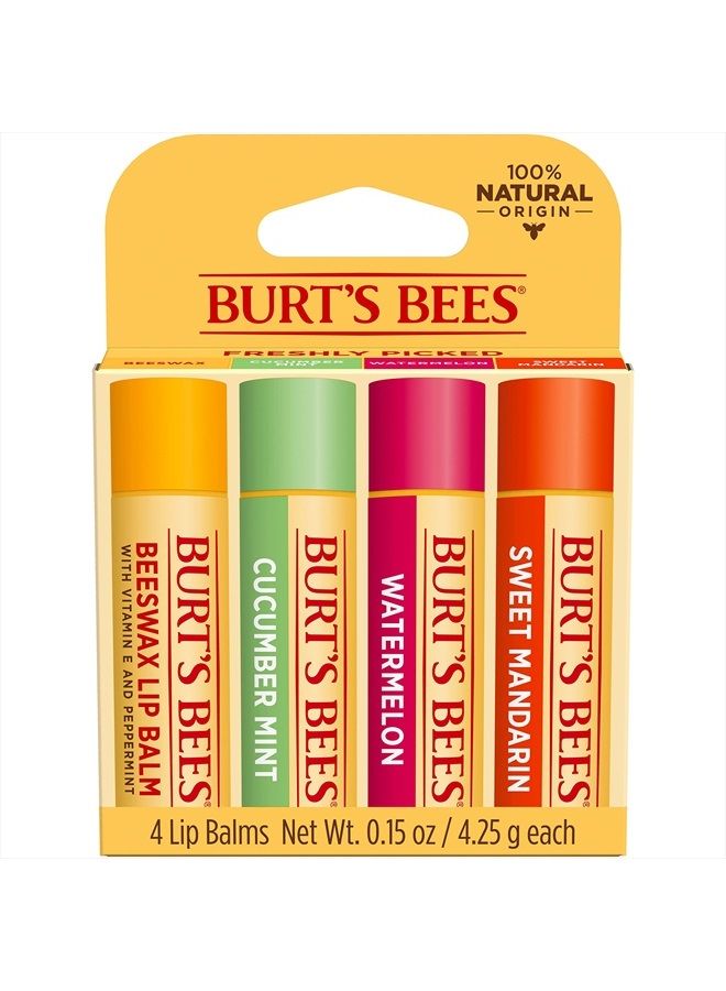 Lip Balm, Moisturizing Lip Care, 100% Natural, Freshly Picked - Original Beeswax, Cucumber Mint, Watermelon, & Sweet Mandarin (4 Pack)