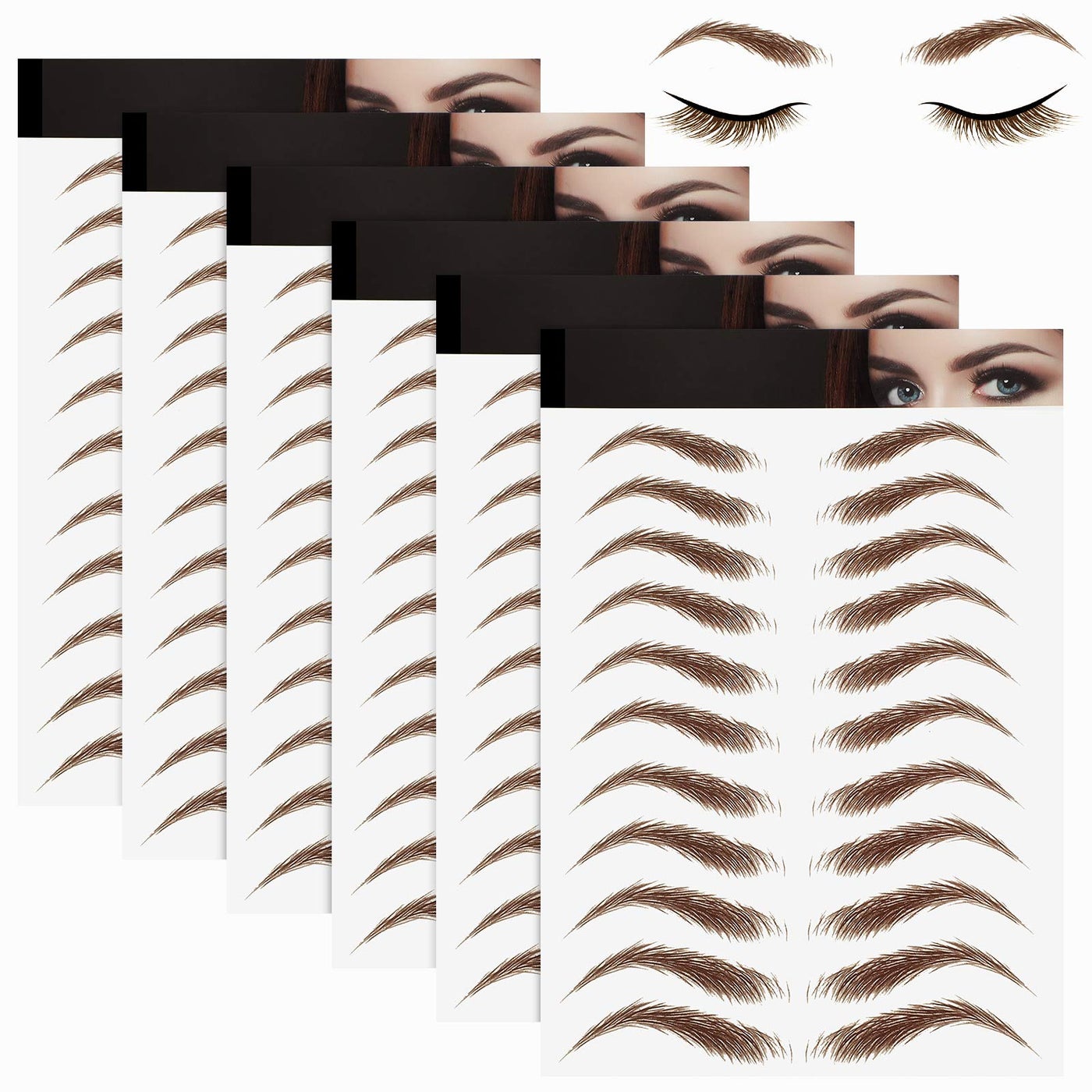 Maitys 6 Sheets 66 Pairs 4d Hair Like Waterproof Eyebrow Tattoos Stickers Temporary Transfer Brows Decal Tattoo Peel off Fake Eyebrow Grooming Shaping Sticker in Arch Style for Women (Light Brown)