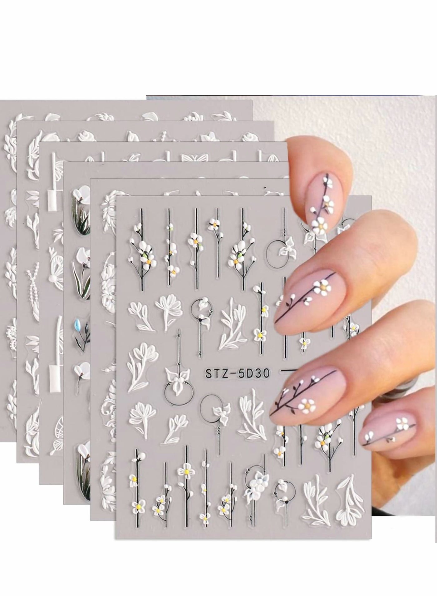 Flowers Nail Decals 6 Sheets 5D Embossed Stickers for Acrylic Nails Engraved Flower Art Accessories French Adhesive Butterfly Women