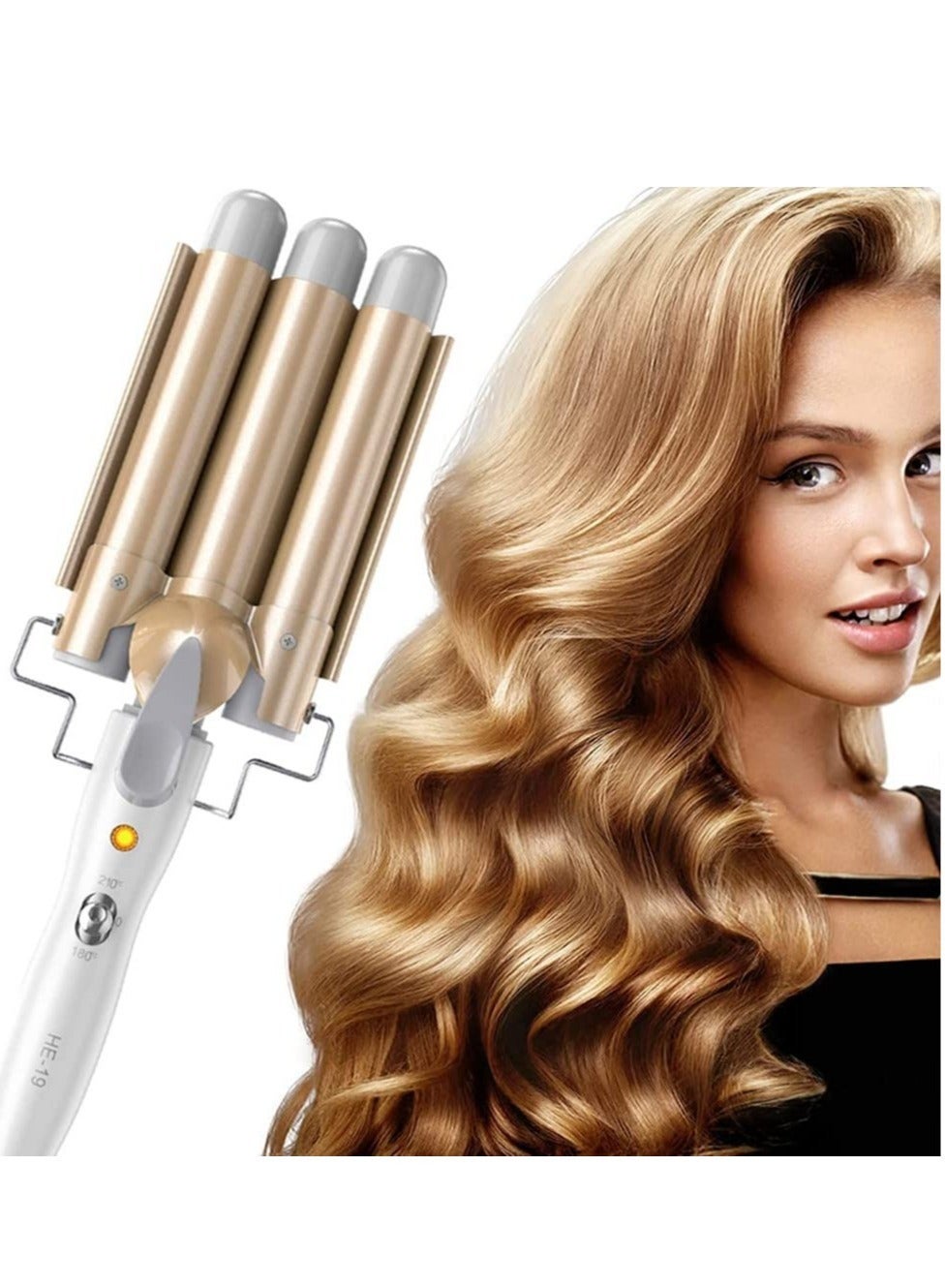 Three Barrel Hair Waver 25MM Big Wave Hair Curling Iron Wand with Two Speed Temperature Control, Ceramic Tourmaline Triple Barrels, Dual Voltage Crimp, Gold