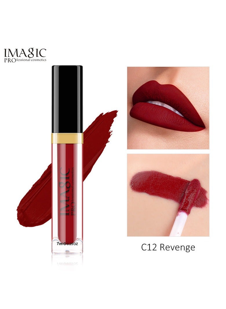 IMAGIC Velvet Lipgloss | 12 Vibrant Colors | Long-Lasting, Highly Pigmented Formula | Soft Applicator for Easy Application (C12 REVENGE, 7ML)