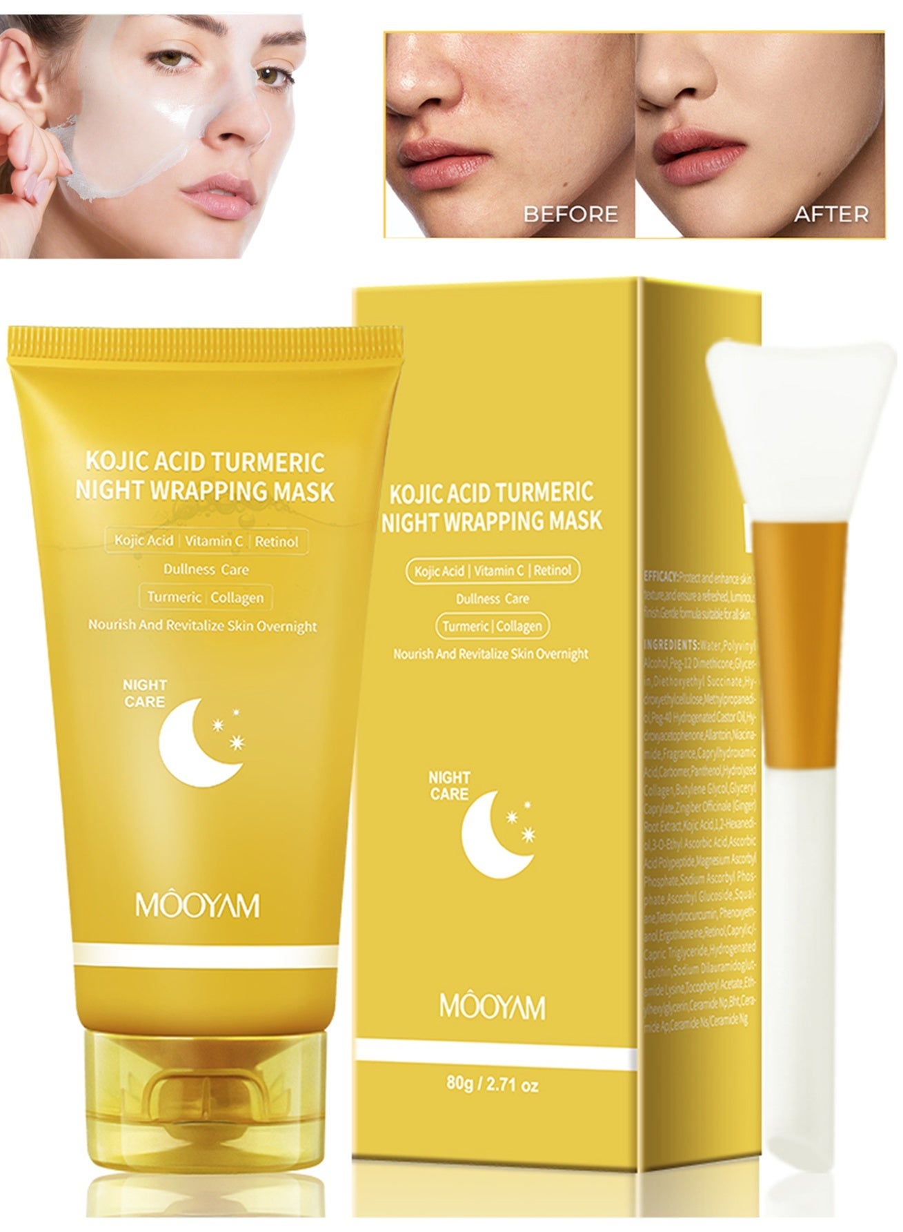 Kojic Acid Turmeric night Wrapping Mask Overnight Wrapping Peel Off Facial Mask Uneven Skin With Hydrolyzed Collagen For Glowing Skin And Improved Elasticity 80g