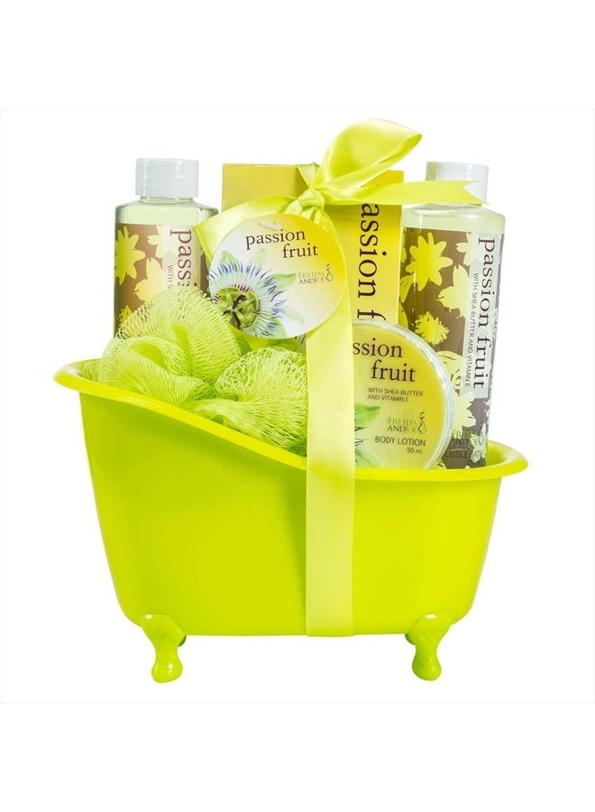Home Spa Bath Basket - Passion Fruit Fragrance - Bath and Body Set For Women - Contains Shower Gel, Bubble Bath, Body Lotion, Bath Salt, with Shea Butter and Vitamin E in Vintage Style Green Tub