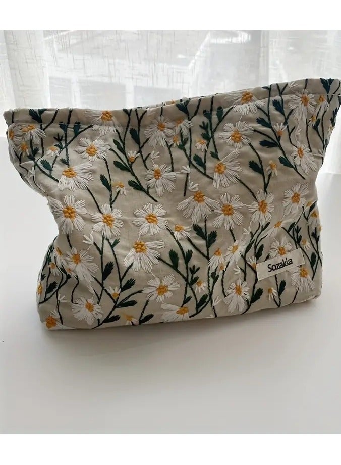 Roomy Flower Embroidered Makeup Bag with Zippered Closure Perfect for Travel and Organizing Makeup Brushes and Toiletries