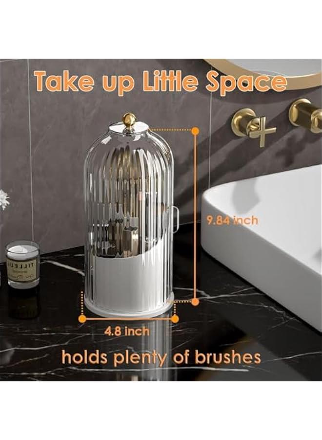 Makeup Brush Holder Organizer with Lid,360 Rotating Clear Dustproof Makeup Brushes Organizer for Vanity Desktop Bathroom Countertop (Gray)
