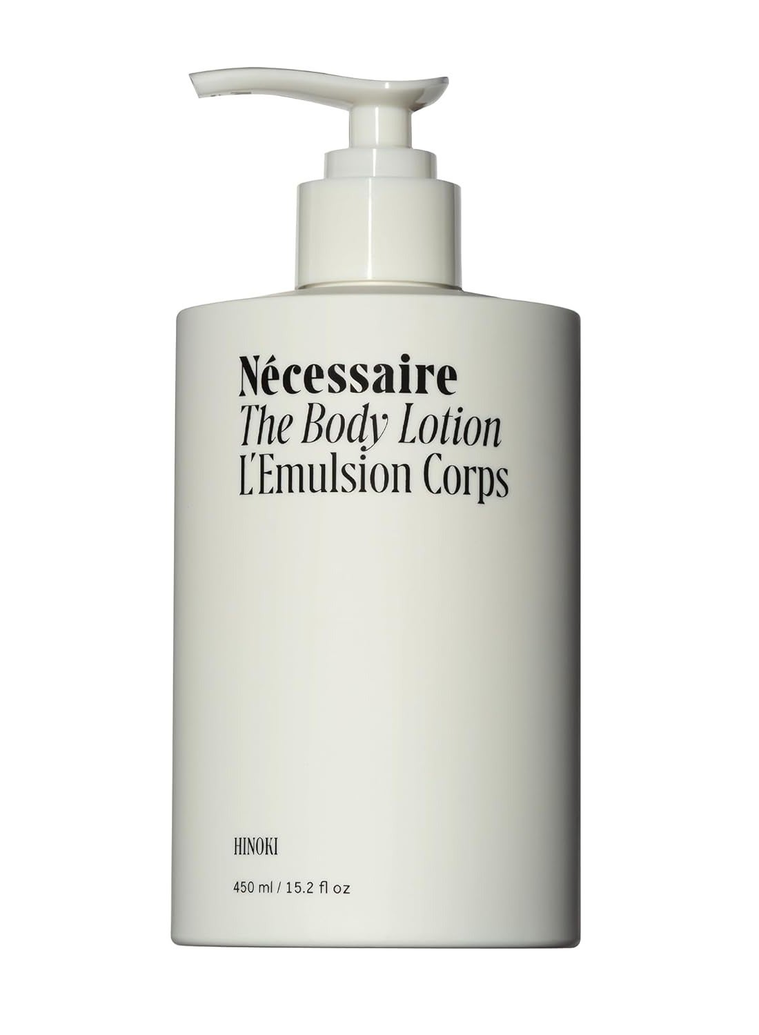 Nécessaire The Body Lotion with Pump. Hinoki. Multi-Peptide Firming Lotion to Moisturize, Firm, Strengthen. 2.5% Niacinamide, Vitamin C/E + Omega 6/9. 450ml / 15.2 fl oz