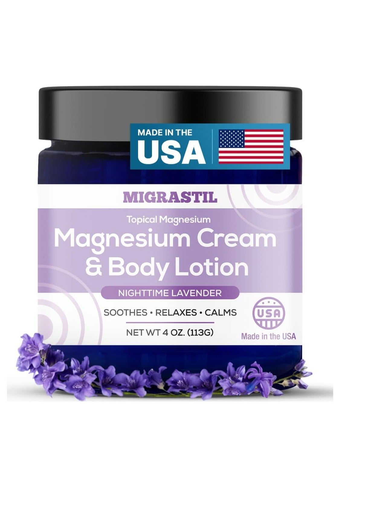 MIGRASTIL Nighttime Lavender Magnesium Cream & Non-Greasy Body Lotion. Extra Strength 250mg Magnesium Chloride for Muscle Relief, Leg Cramps, Relaxation and Sweet Sleep. Vegan, Made in the USA.