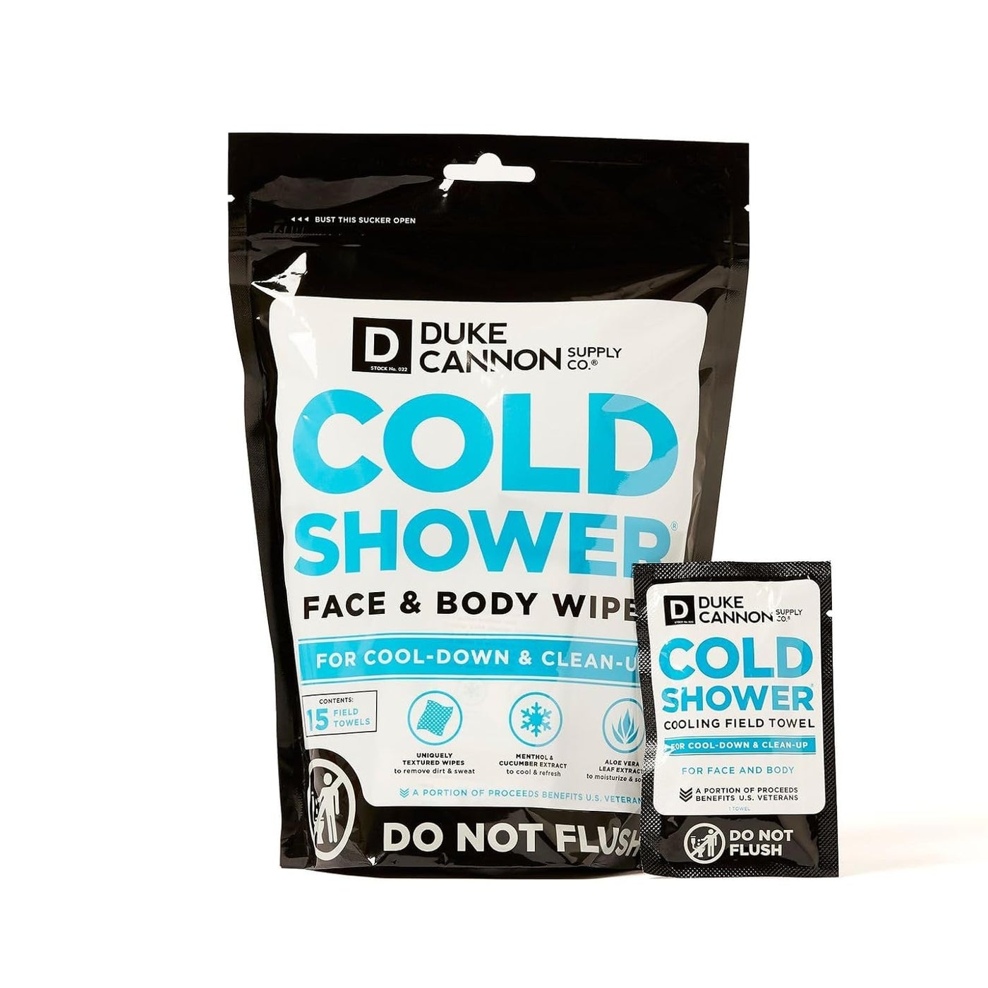 Duke Cannon Cold Shower Cooling Field Towels â€“ Menthol Body Wipes for Men, No Rinse Face & Body Cleansing Wipes, 15 Individually Wrapped Towels