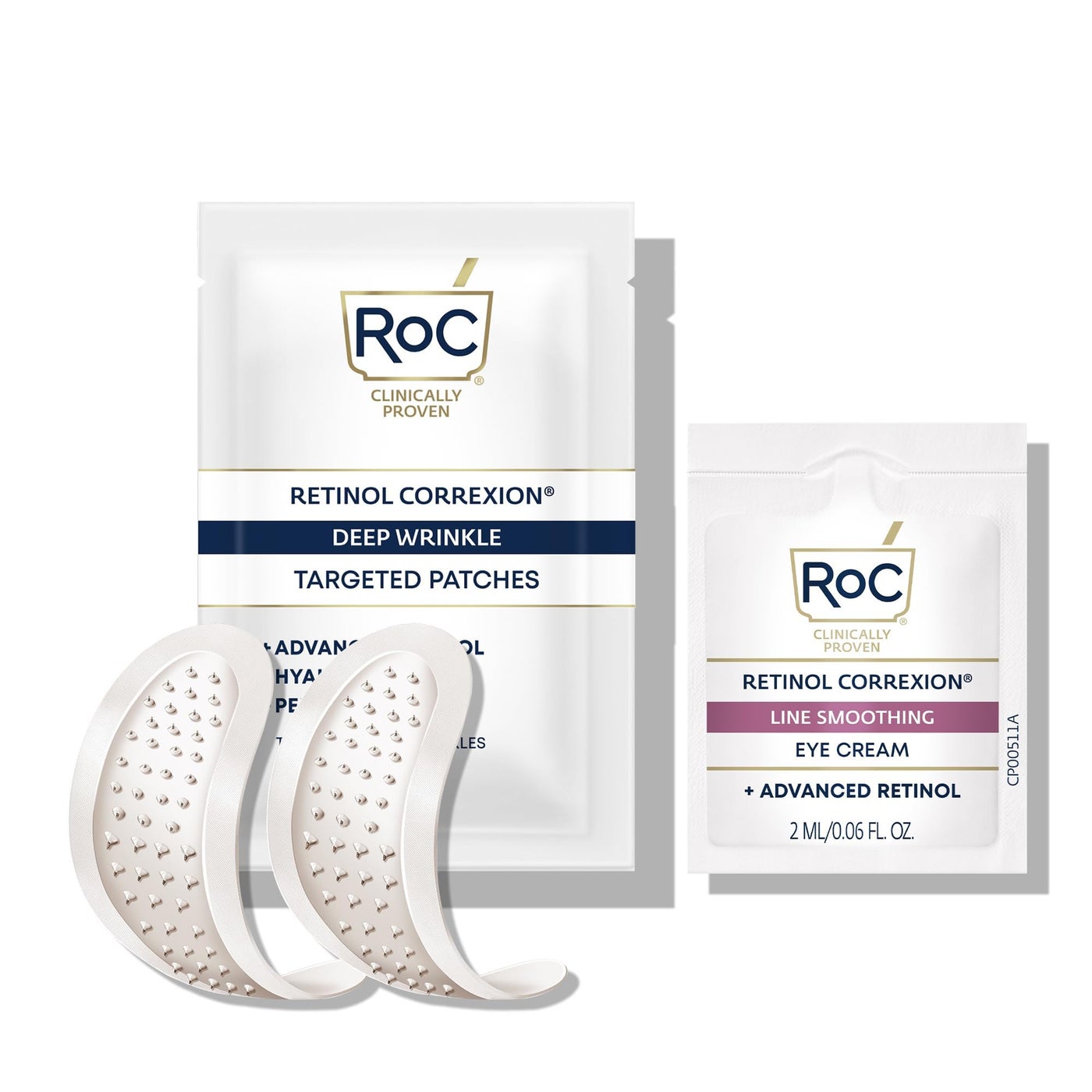 RoC Retinol Correxion Deep Wrinkle Non-Invasive Targeted Patches with Hyaluronic Acid + Firming Peptides for Forehead, 11 Lines, Crowâ€™s Feet and Laugh Lines, (6 Patches) with Retinol Eye Packette