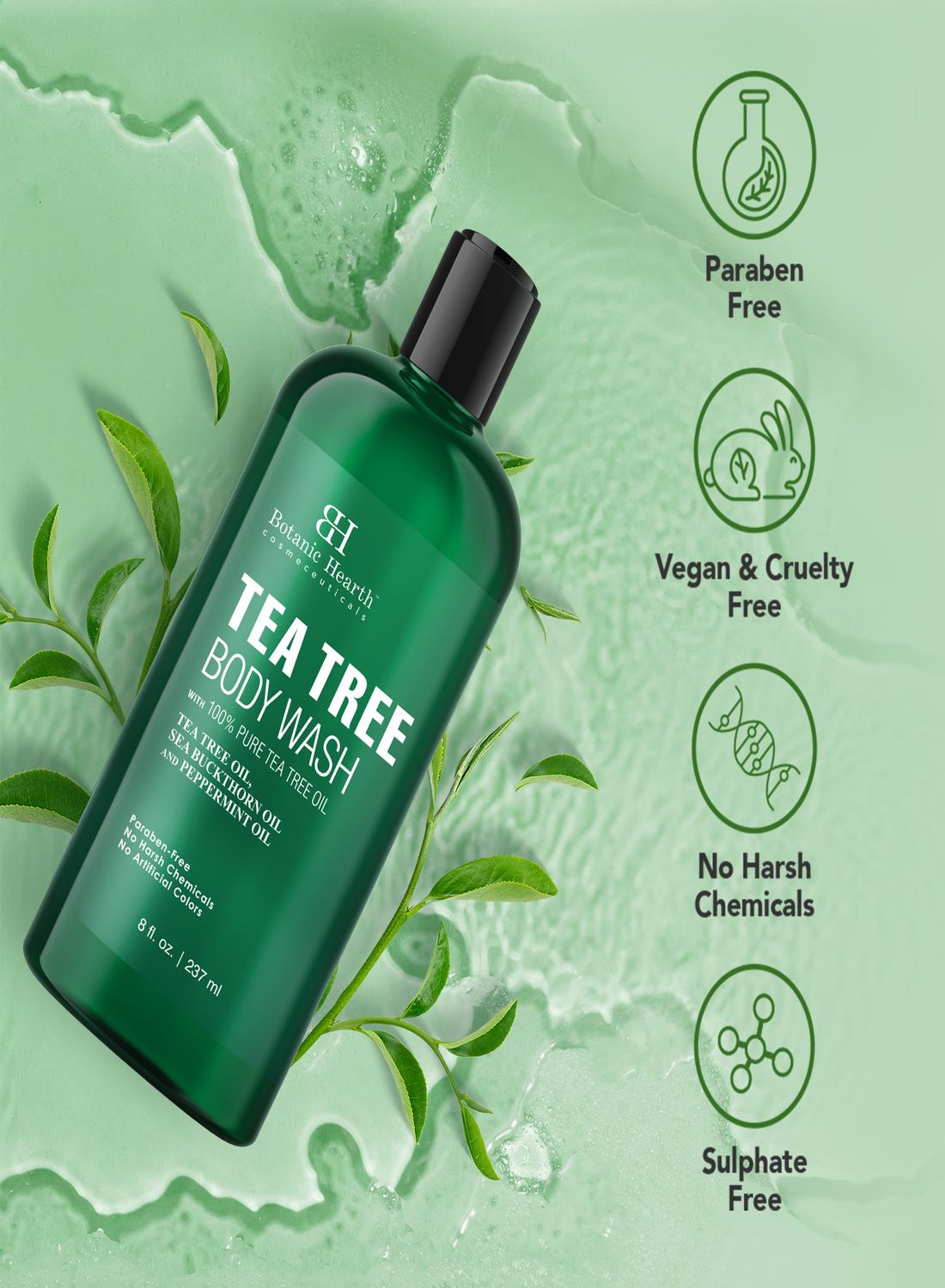 Tea Tree Body Wash with Sea Buckthorn Oil, Peppermint Oil | Detoxifies & Rejuvenates | Long Lasting Fragrance | Sulphate & Paraben Free | Shower Gel for Men and Women | 245ml