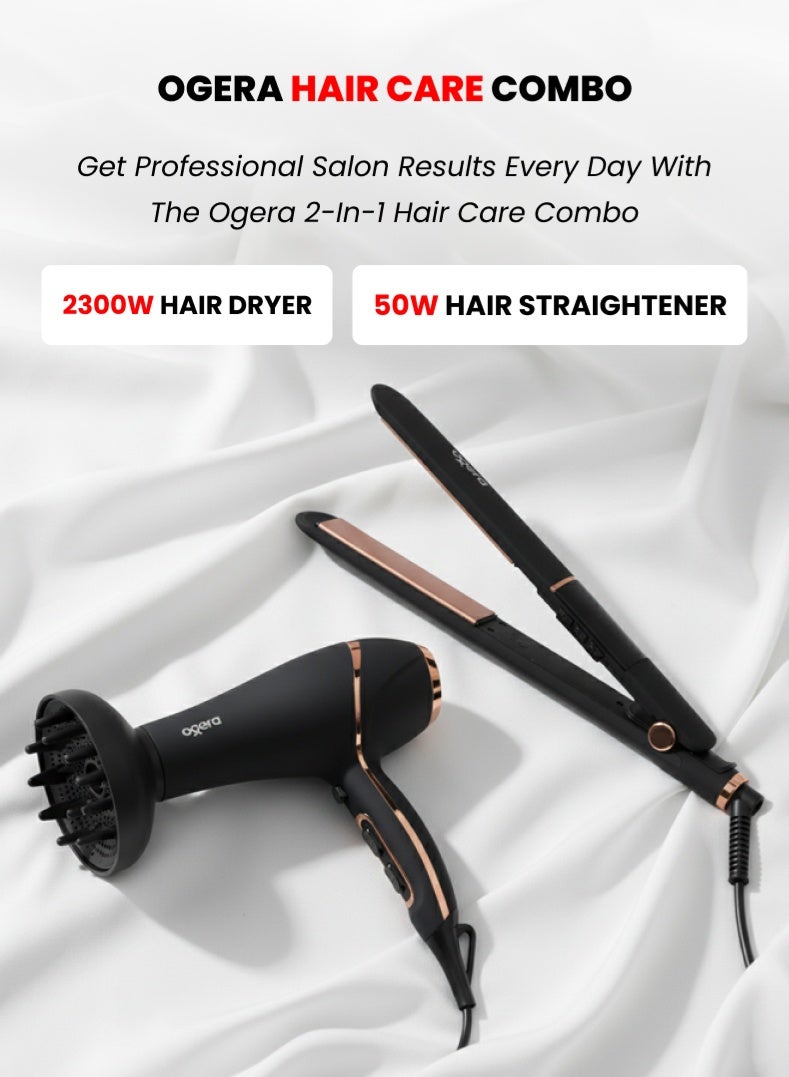 2-in-1 Hair Care Combo – 2300W Hair Dryer with 3 Heat Settings, Cool Shot & Powerful Motor + 50W Hair Straightener with Ceramic Plates, Fast Heating up to 240°C – Model OG2901HDS , Black & Rose Gold