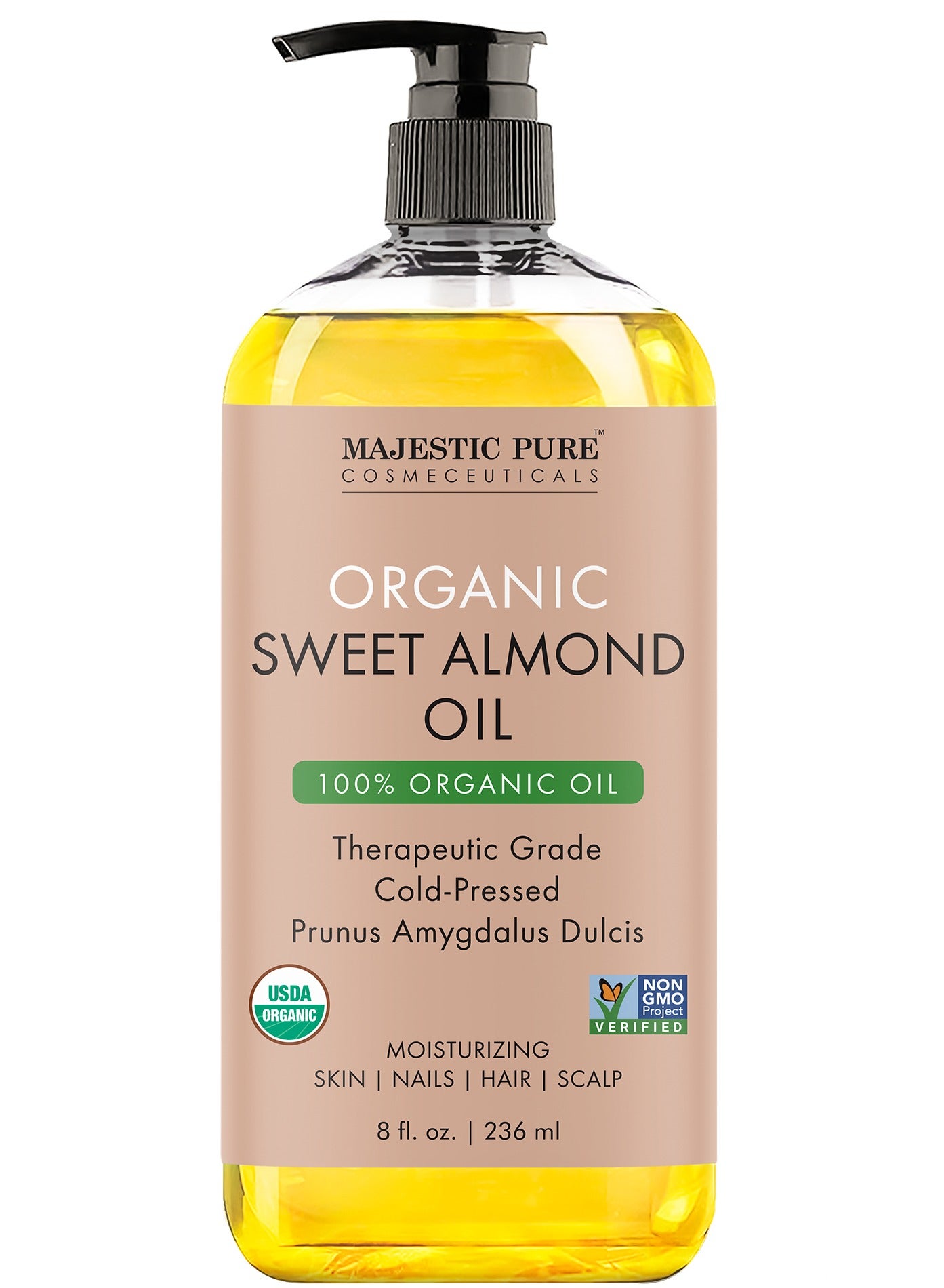 Organic Almond Body Oil | 236 ML Large | 100% Pure & Natural Cold Pressed Oil Sweet Almond Oil for Skin, Face, Nails, Hair, Scalp & Massage |
