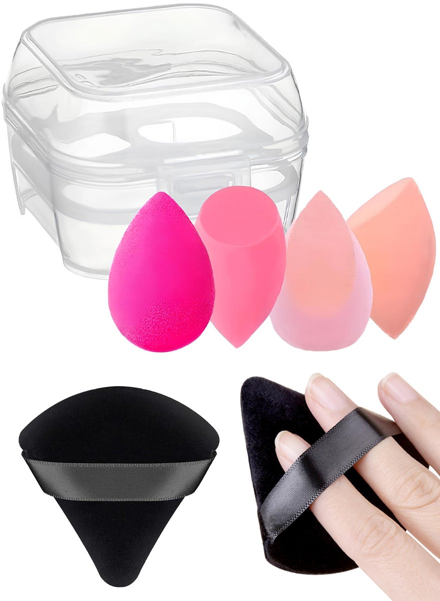 6 Pcs Makeup Sponge And Puff Set With Storage Case, Includes 4 Soft Beauty Blenders And 2 Pure Cotton Triangle Velvet Powder Puff For Face And Body Makeup, Foundation Blending, Concealer Application, And Undereye Setting Powder Cosmetic Applicator Kit ( Sponge Shapes and Colors May Vary )