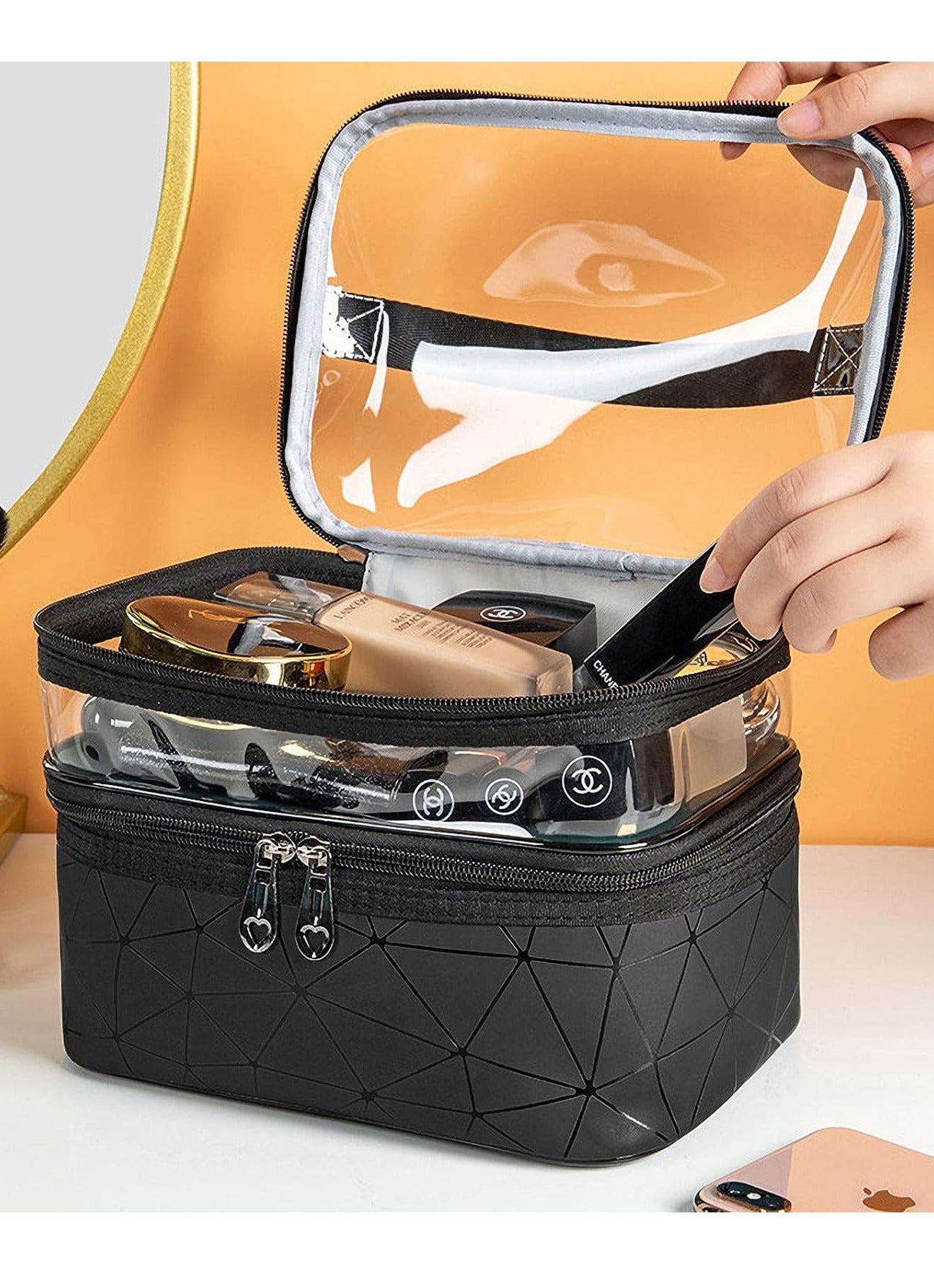 Makeup Bag, Double layer Cosmetic Cases Travel Makeup Organizer Toiletry Bags Large Make Up Bag For Women Girls  (Black)