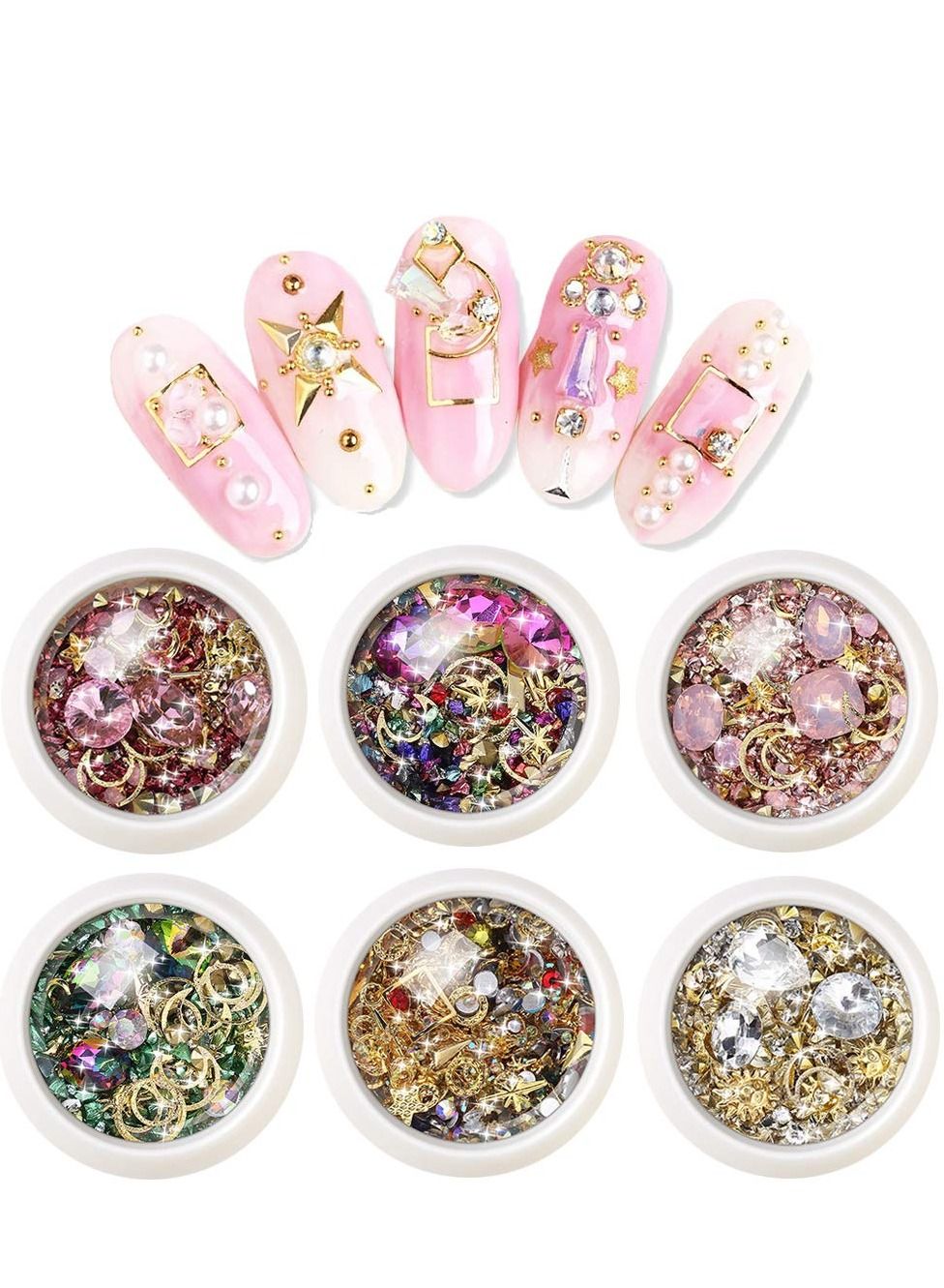 6 Boxes Mixed Nail Art Rhinestones Diamonds Crystals Beads Gems for 3D Nails Art Decoration Nail Art Supplies