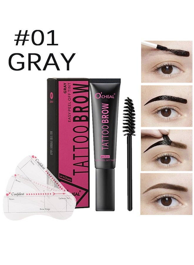 Tattoo Brow - Peel Off Tint Waterproof Sweatproof 3 Days Long Lasting Peel Off Tattoo Brow Gel Peel Off Tint Eyebrow Gel with Mascara Brush and Three Eyebrow Shapes Eyebrow Glue Gray #01