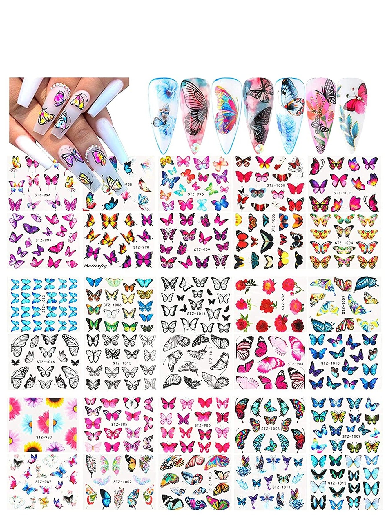 Butterfly Nail Art Stickers Water Transfer Sticker with Butterfly Flower Patterns Manicure Tips, DIY Toenails Art Decorations Accessories Decals 30 Sheets