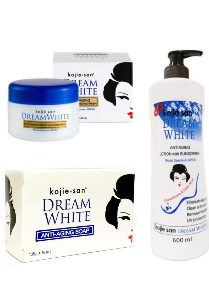 Dream white Anti-Aging Set 3 Pcs For Lightening Body Lotion with Sunscreen 600 ml + Face Cream With Sunscreen, SPF30, 30 g + Soap 135 g