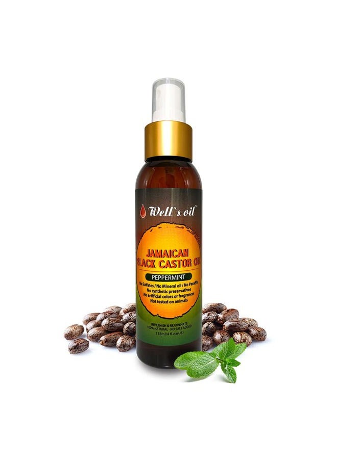 PEPPERMINT + Jamaican Black Castor Oil Spray | 4oz(118ml) | Hair Detangler Spray | Increase Hair Growth, Scalp Treatment | Natural Leave-In Conditioner | by Well's Oil