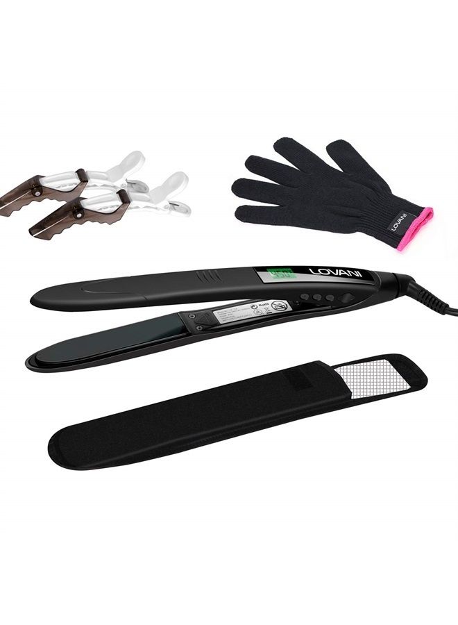 Titanium Flat Iron Dual Voltage Auto Shut Off Hair Straightener,LOVANI 450F High Heat Temperature Control Digital LCD Salon Hair Flat Iron with Heat Resistant Travel Bag,Glove and 2 Free Clips