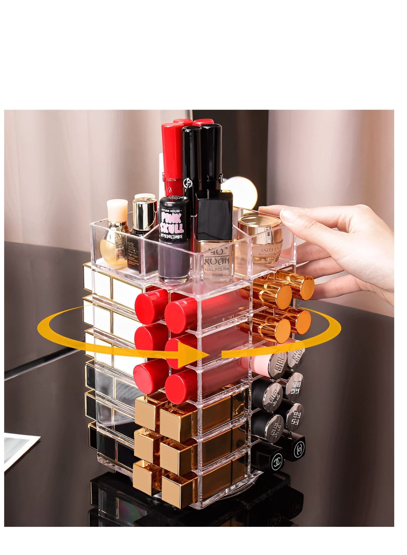 360 Degree Spinning Lipstick Organizer, 53 Space Acrylic Holder, Cosmetic Display Case for Lipsticks, Brushes, Bottles