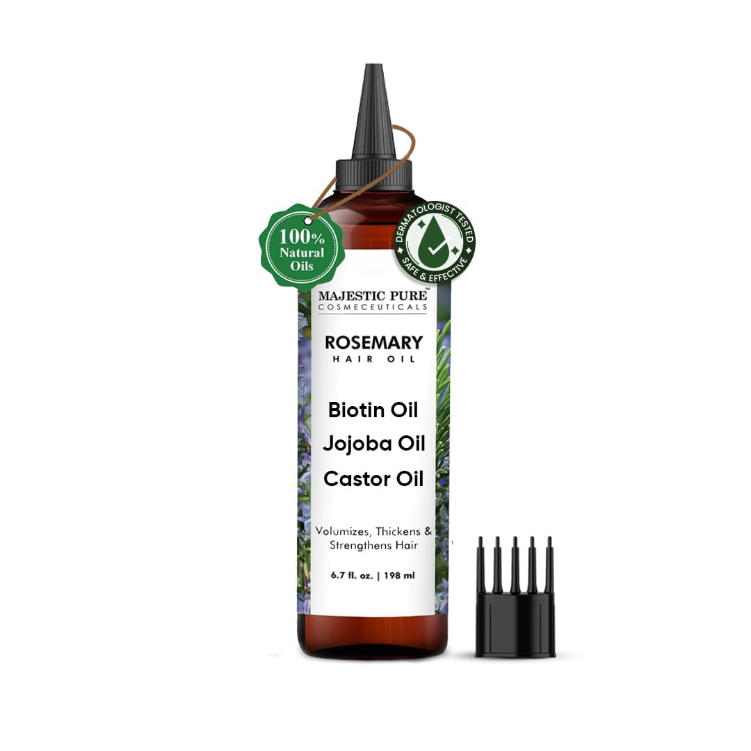 Majestic Pure 100% Pure Rosemary Oil For Hair Growth - Strengthening, Nourishing, Volumizing - Infused with Biotin Oil, Jojoba Oil & Castor Oil - Non GMO Verified - 6.7 Fl Oz