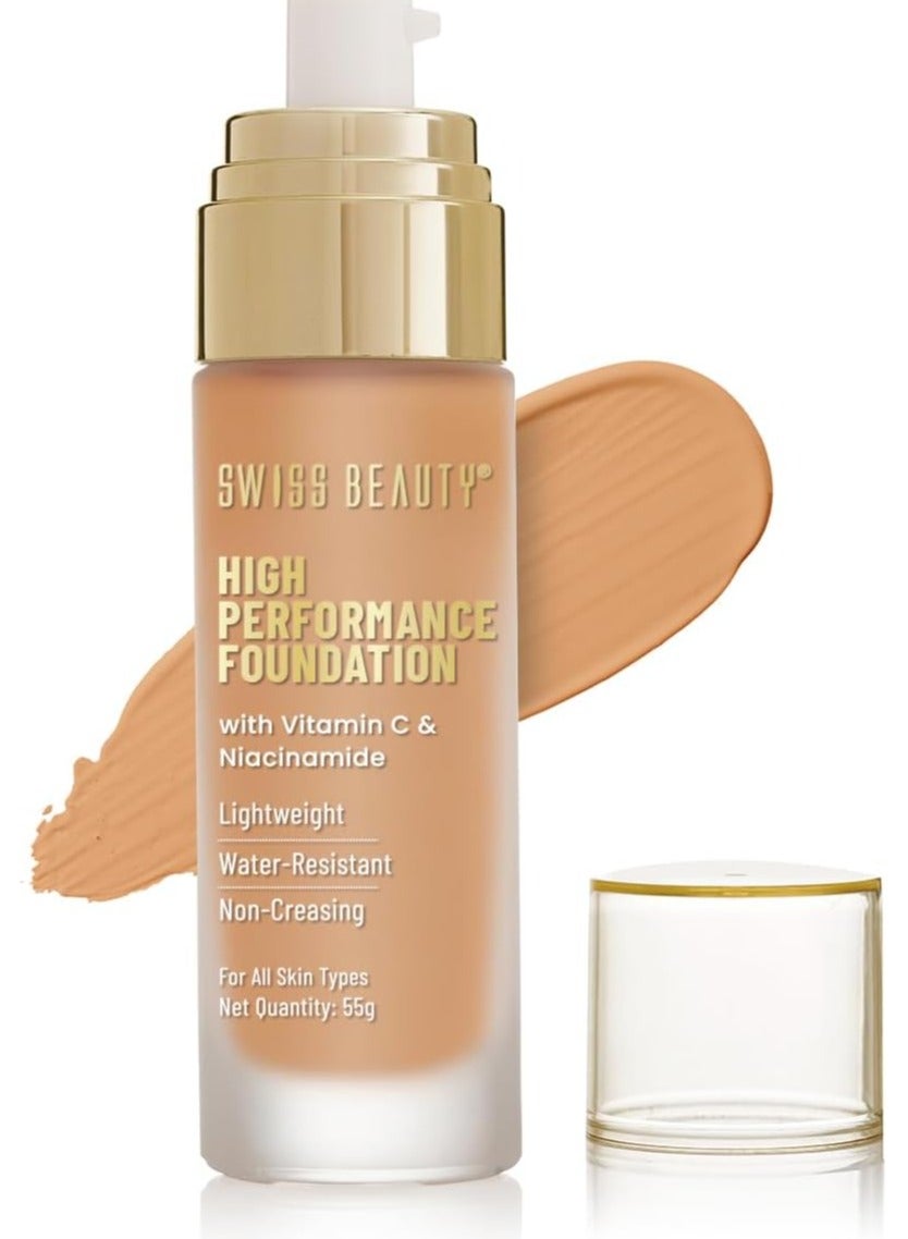 Swiss Beauty High Performance Foundation | Water-Resistant | Medium to Buildable Coverage | Lightweight | Easy to Blend | With Vitamin C & Niacinamide | Sun Beige Shade - 08, 55g