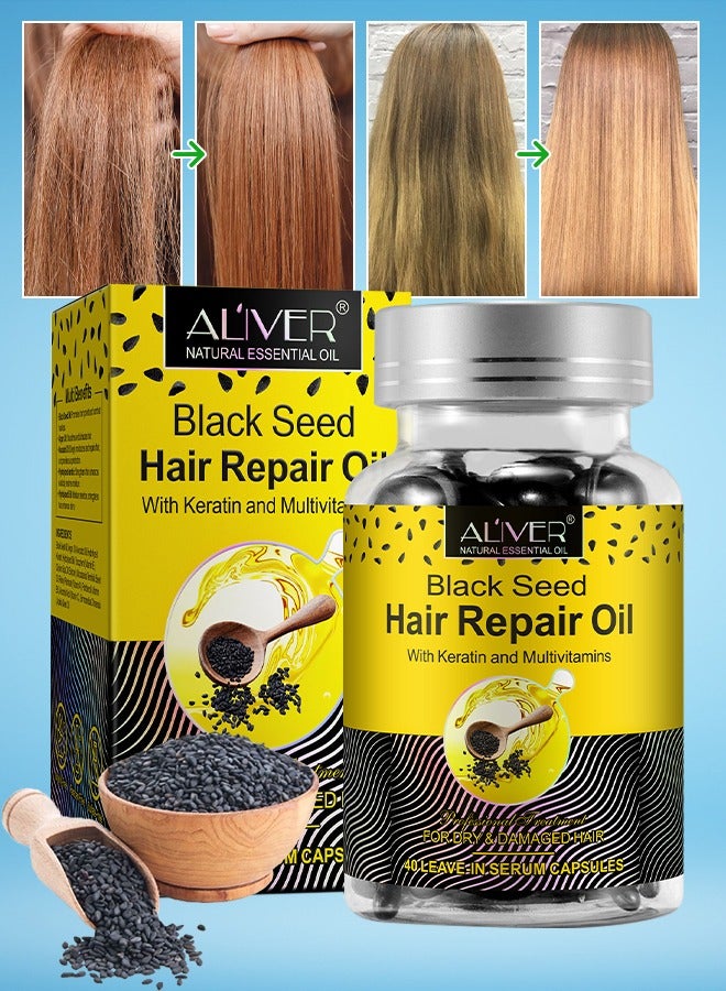 40 Pcs Black Seed Hair Repair Oil Capsules Organic Black Seed Oil with Keratin & Multivitamins Black Seed Hair Repair Oil Shines Nourishing Repair Dry & Damaged Hair Treatment Leave-In Serum