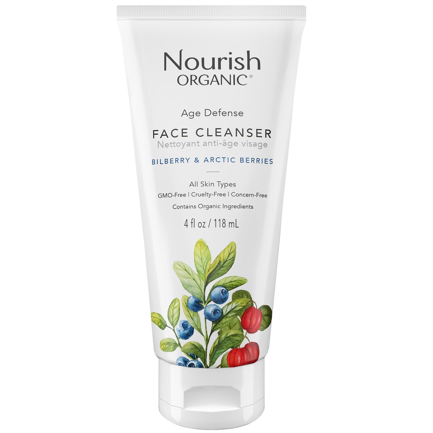 Nourish Organic Face Cleanser, Age Defense Bilberry & Arctic Berries â€“ Anti-Aging Face Wash with Aloe Vera + Washable Cotton Round