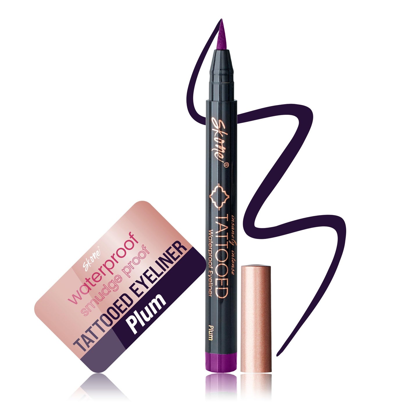 Skone Cosmetics Insanely Intense Tattooed Eyeliner Pen - Waterproof Liquid Eyeliner, Long Lasting, Sweat Proof, Smudge Proof Felt Tip Liquid Eyeliner - Pigmented Eye Liner Makeup - Plum Black (0.07oz)